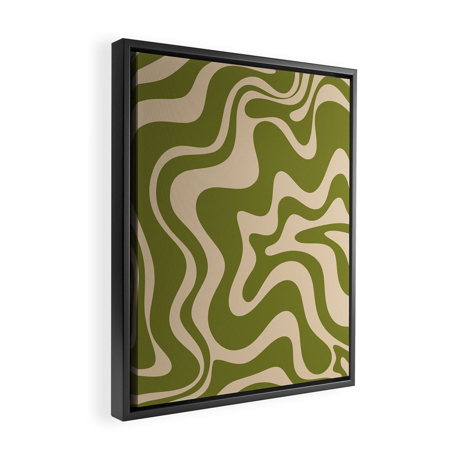 Retro Liquid Swirl Abstract Pattern in Mid Mod Olive Green and Beige Framed Canvas Print Gallery Image 2