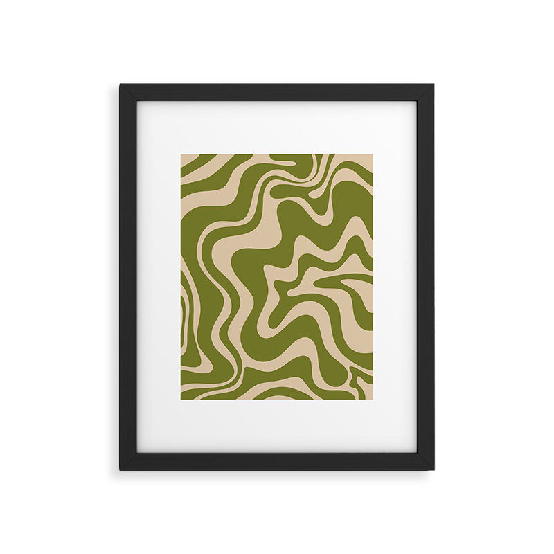 Retro Liquid Swirl Abstract Pattern in Mid Mod Olive Green and Beige Framed Art Print Gallery Image 5