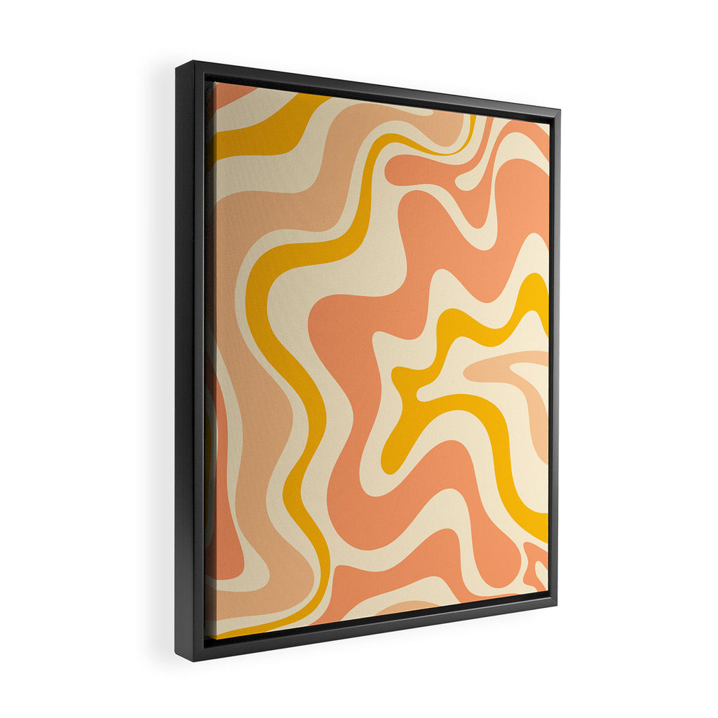 Retro Liquid Swirl Abstract Pattern in Mustard Yellow and Warm Peach Blush Tones Framed Canvas Print Gallery Image 2