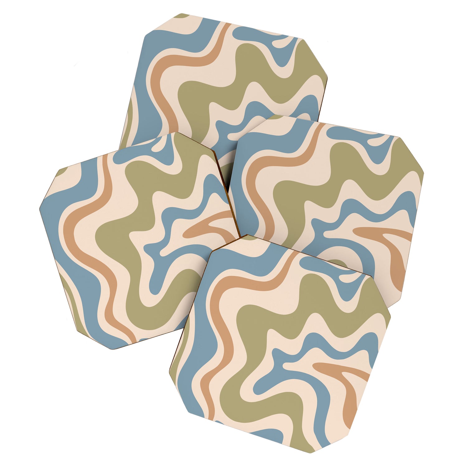 Retro Liquid Swirl Abstract Pattern in Muted Green Blue Apricot Cream Coaster Gallery Image 1