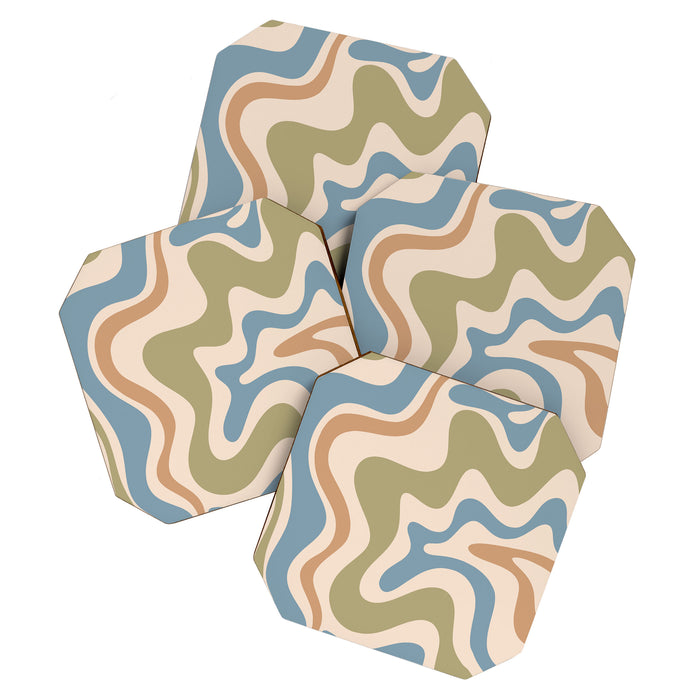 Retro Liquid Swirl Abstract Pattern in Muted Green Blue Apricot Cream Coaster Gallery Image 1