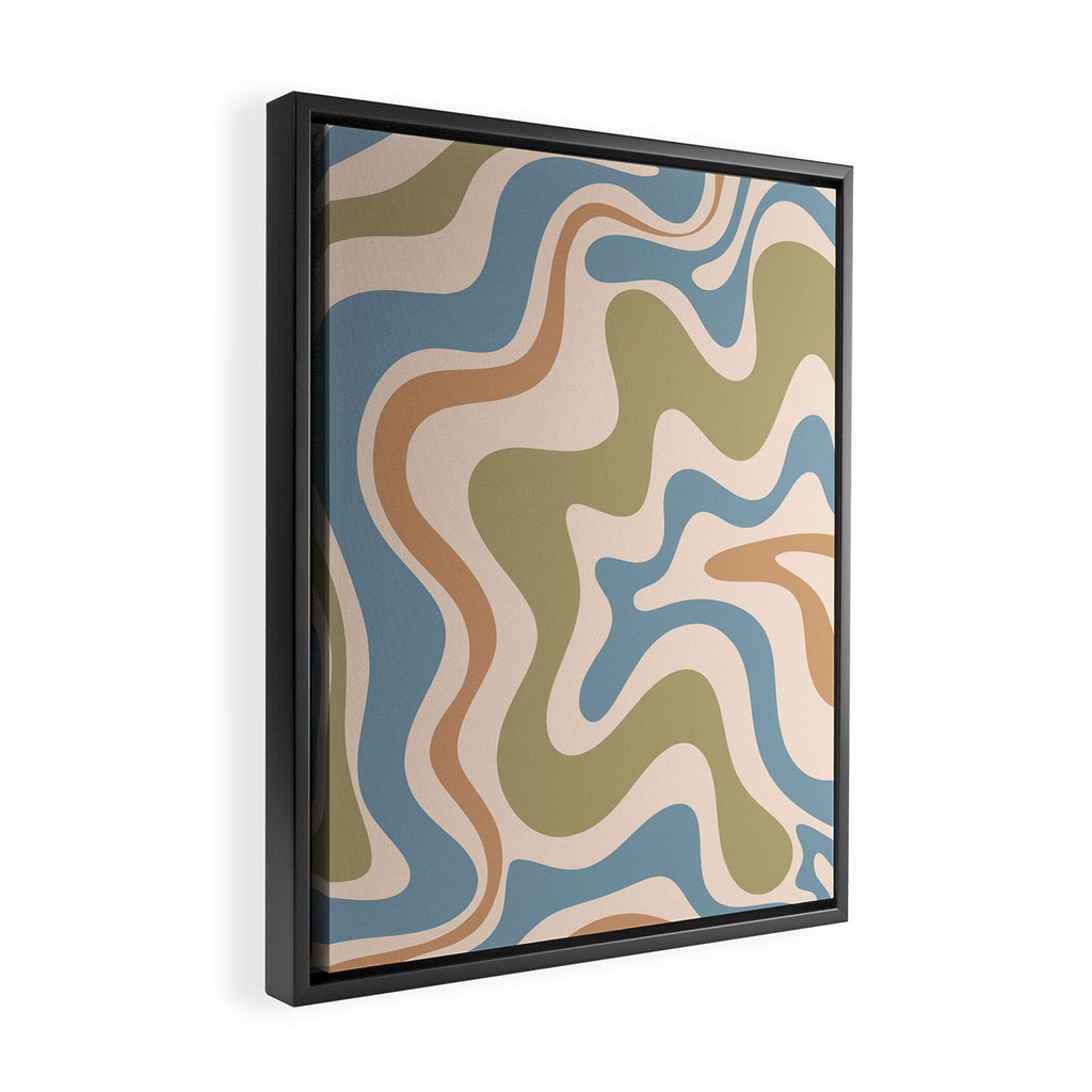 Retro Liquid Swirl Abstract Pattern in Muted Green Blue Apricot Cream Framed Canvas Print Gallery Image 2