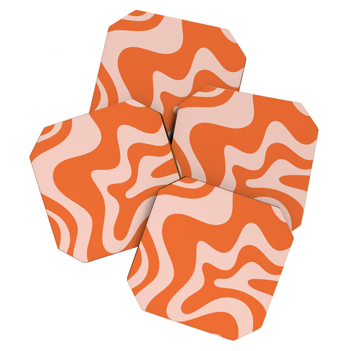 Retro Liquid Swirl Abstract Pattern in Orange and Pale Blush Pink Coaster Gallery Image 1