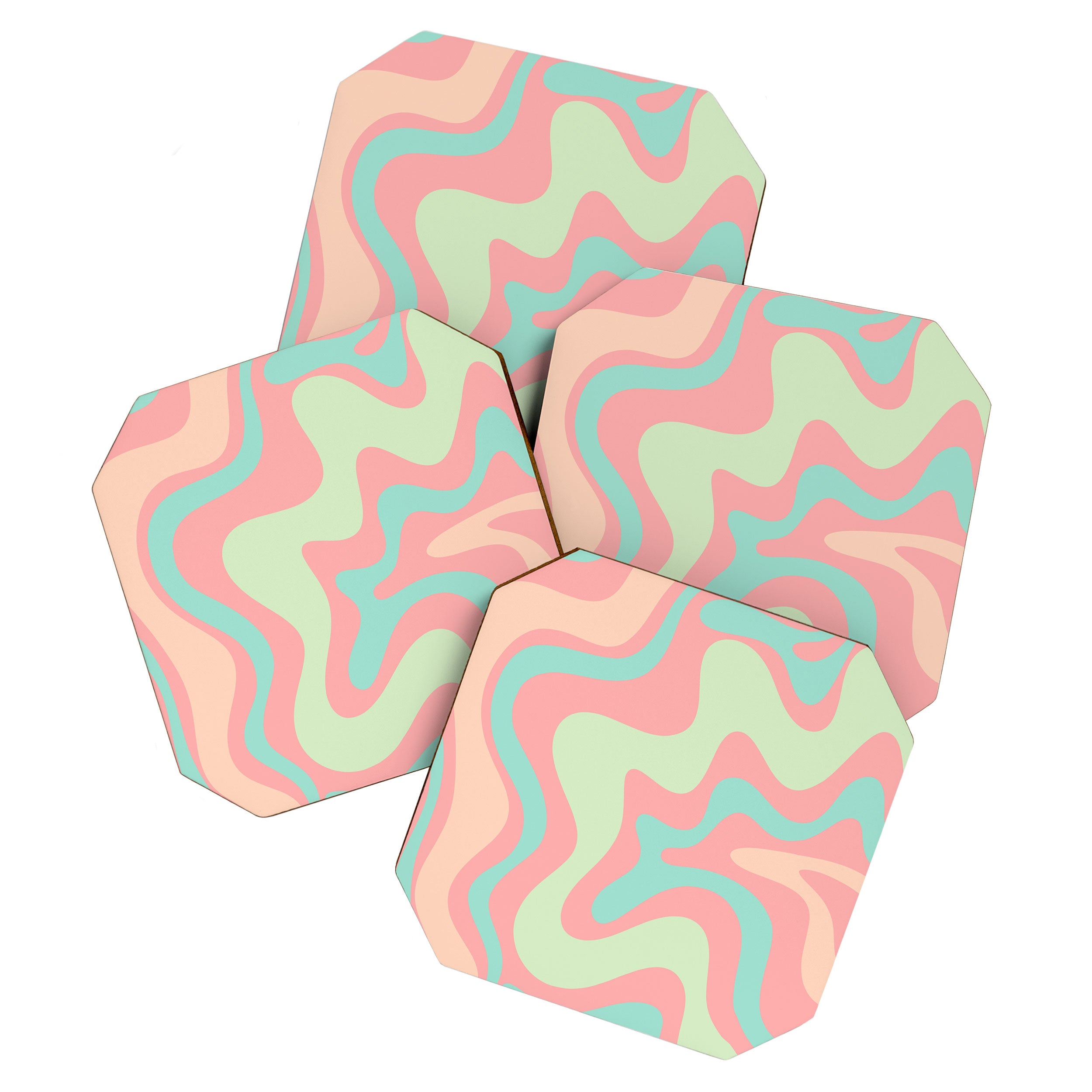 Retro Liquid Swirl Abstract Pattern in Pastel Sherbet Blush Pink and Mint Coaster Gallery Image 1