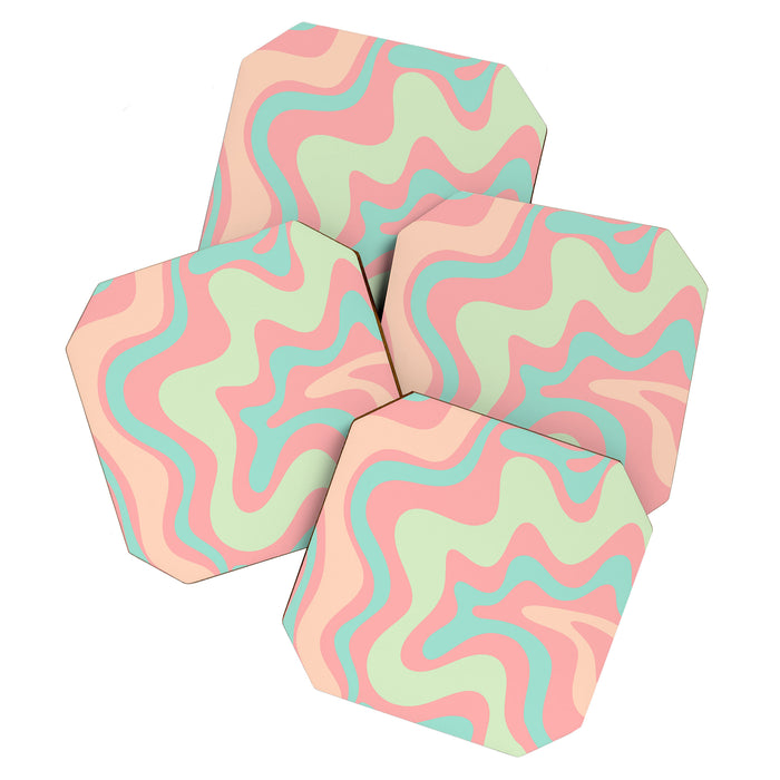 Retro Liquid Swirl Abstract Pattern in Pastel Sherbet Blush Pink and Mint Coaster Gallery Image 1