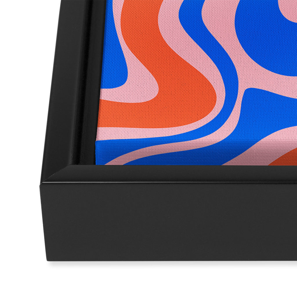 Retro Liquid Swirl Abstract Pattern in Pink, Red-Orange, and Bright Blue Framed Canvas Print Gallery Image 3