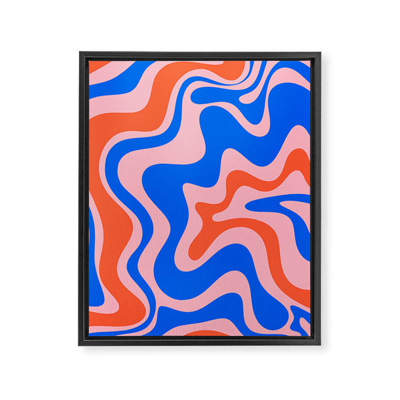 Retro Liquid Swirl Abstract Pattern in Pink, Red-Orange, and Bright Blue Framed Canvas Print Gallery Image 6