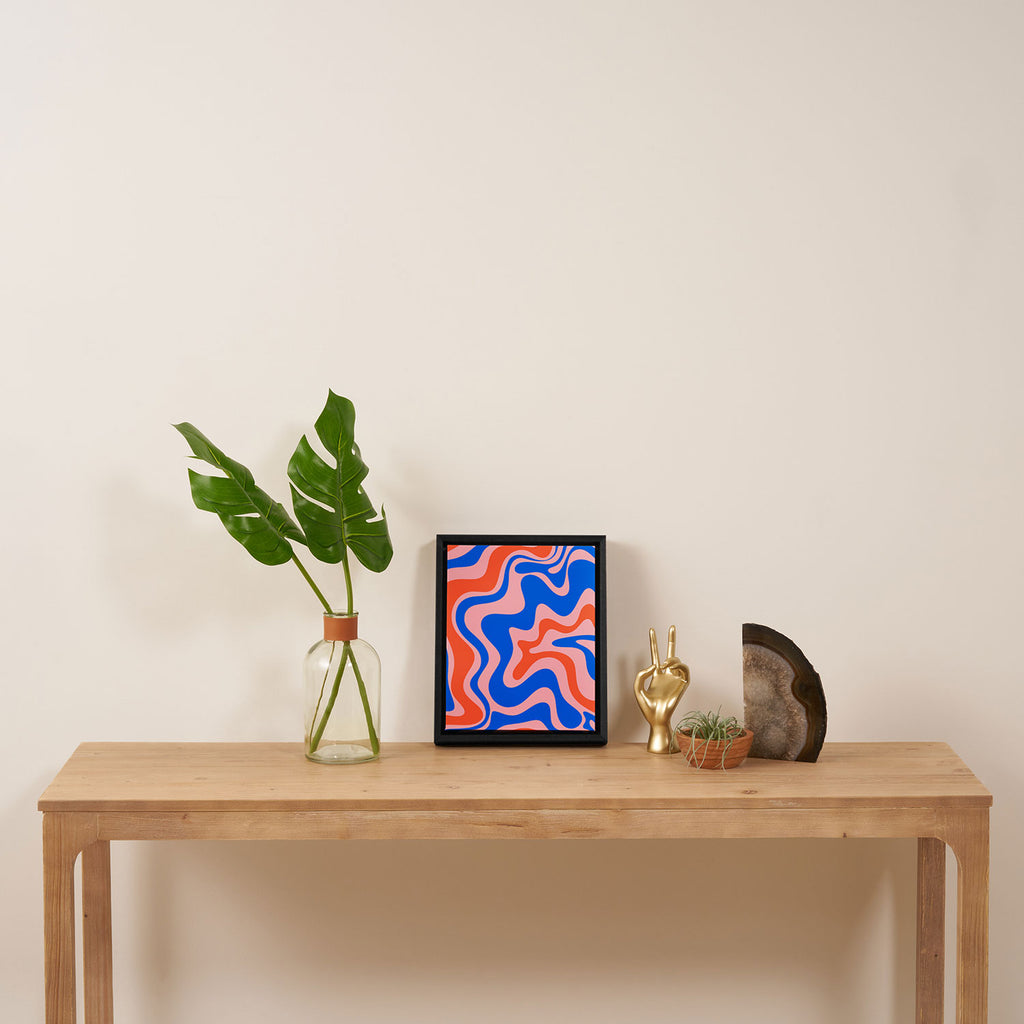 Retro Liquid Swirl Abstract Pattern in Pink, Red-Orange, and Bright Blue Framed Canvas Print Gallery Image 4