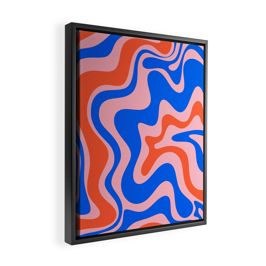 Retro Liquid Swirl Abstract Pattern in Pink, Red-Orange, and Bright Blue Framed Canvas Print Gallery Image 2