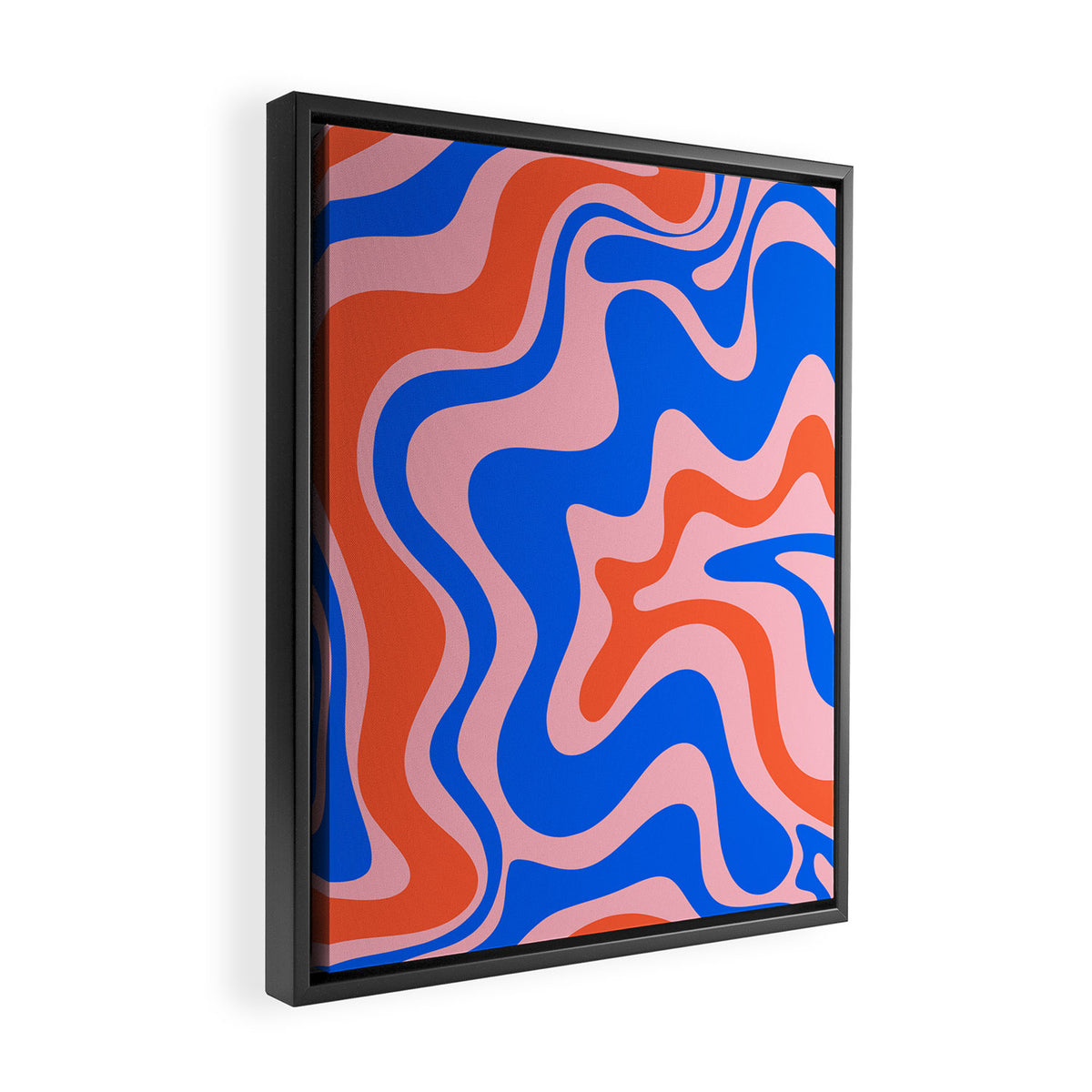 Retro Liquid Swirl Abstract Pattern in Pink, Red-Orange, and Bright Blue Framed Canvas Print Gallery Image 2