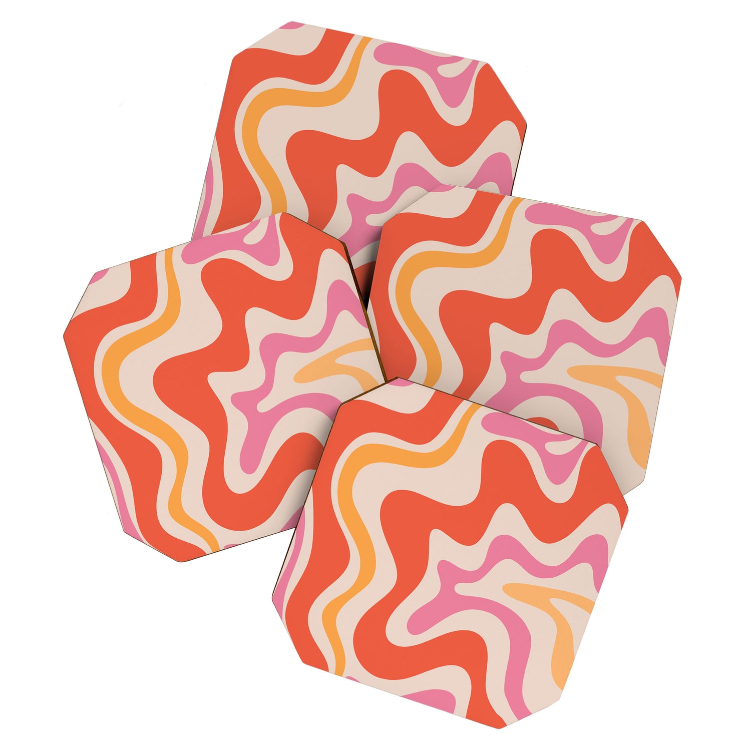 Retro Liquid Swirl Abstract Pattern in Retro Pink and Orange Coaster Gallery Image 1