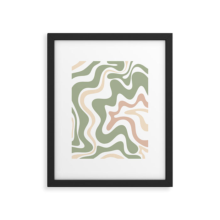 Retro Liquid Swirl Abstract Pattern in Sage, Blush-Cream, and White Framed Art Print Gallery Image 1