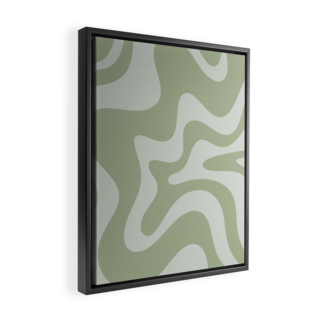 Retro Liquid Swirl Abstract Pattern in Sage Green Framed Canvas Print Gallery Image 2