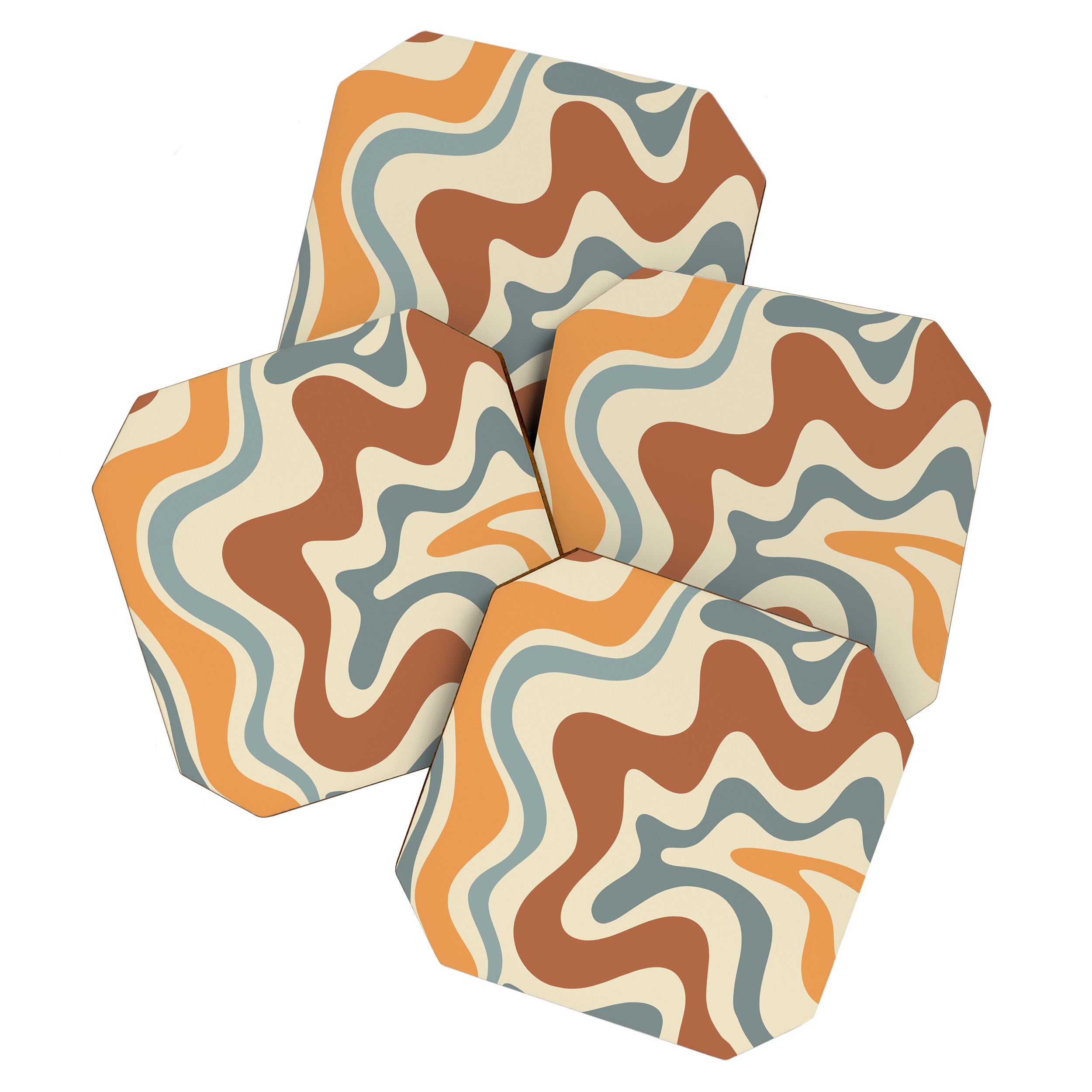 Retro Liquid Swirl Abstract Pattern in Slate Blue Orange Rust Coaster Gallery Image 1