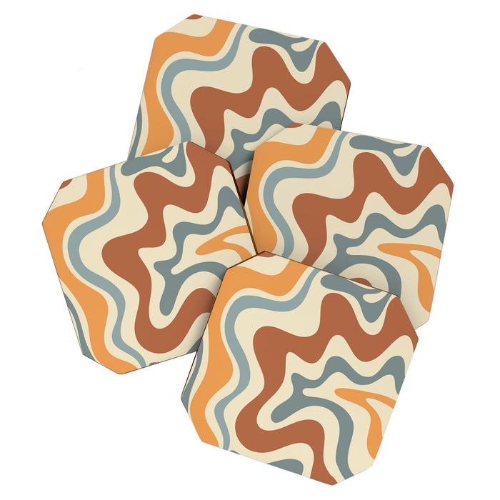 Retro Liquid Swirl Abstract Pattern in Slate Blue Orange Rust Coaster Gallery Image 1