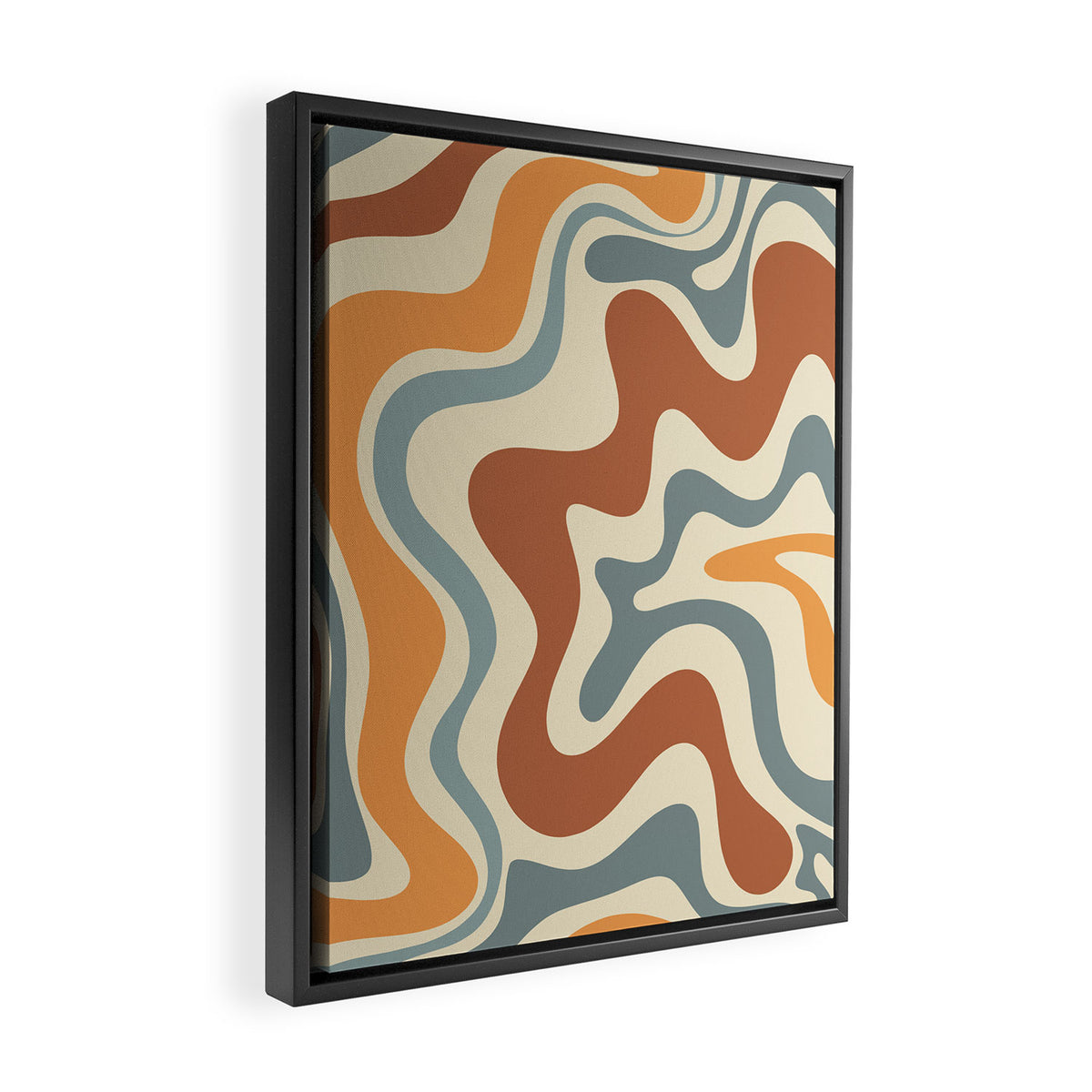 Retro Liquid Swirl Abstract Pattern in Slate Blue Orange Rust Framed Canvas Print Gallery Image 2