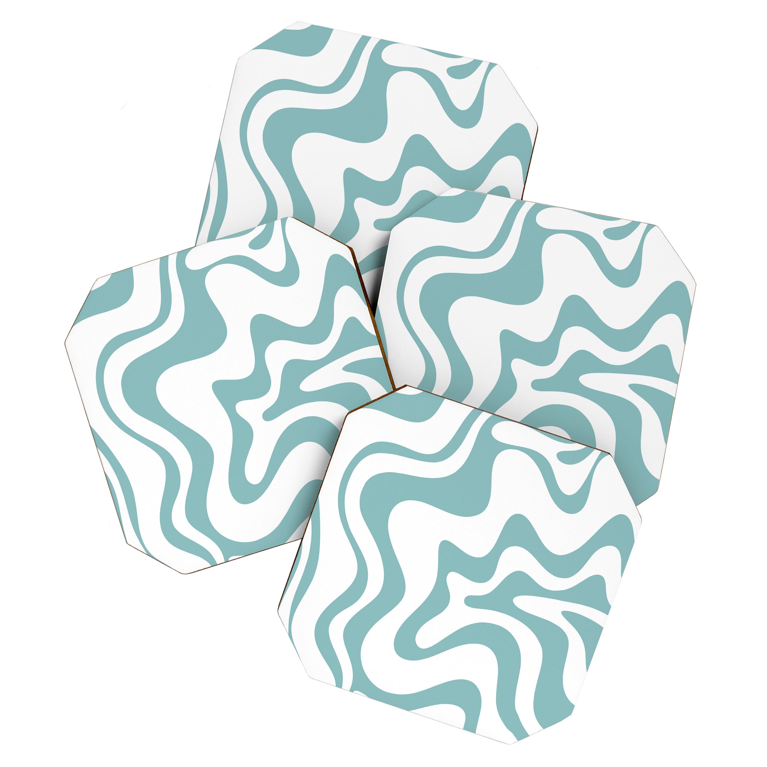 Retro Liquid Swirl Abstract Pattern in Soft Light Teal Blue and White Coaster Gallery Image 1