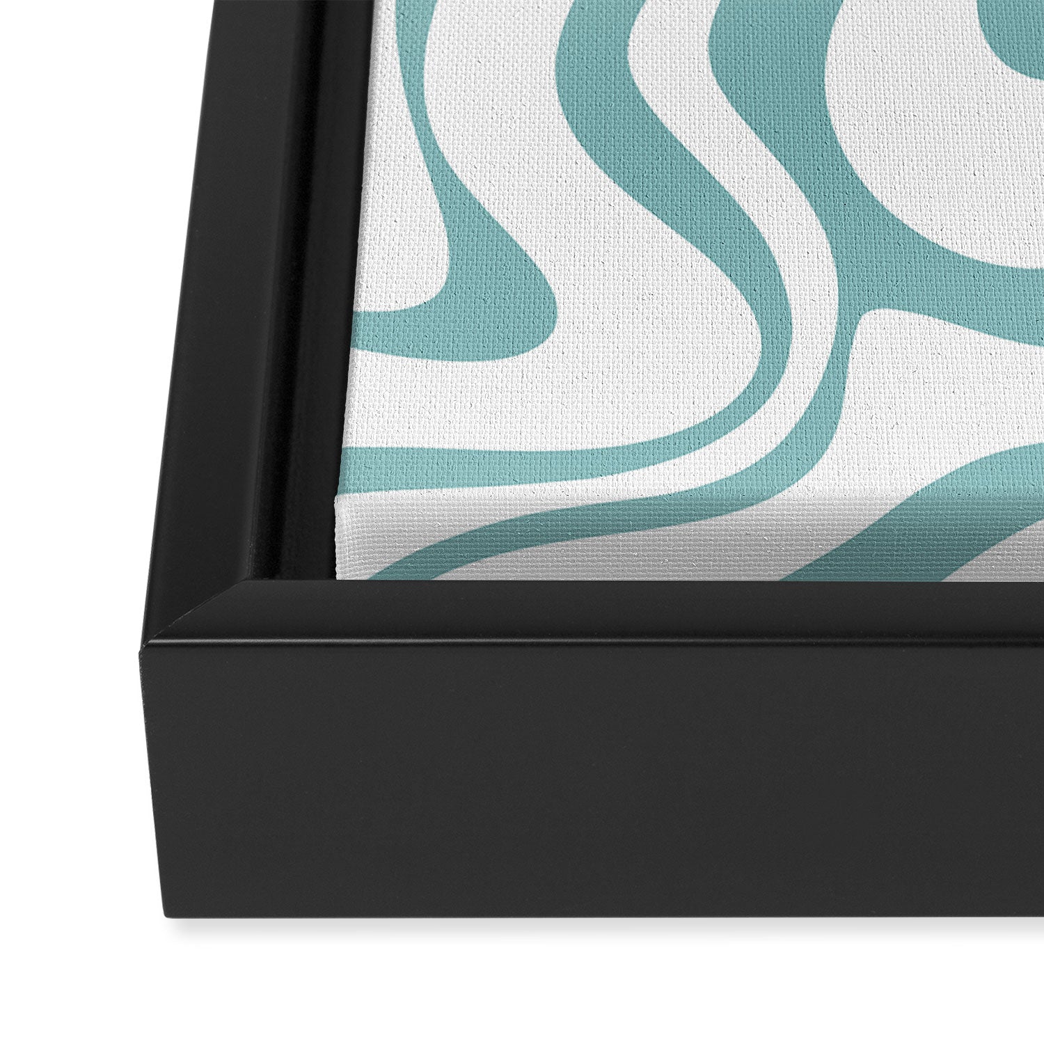 Retro Liquid Swirl Abstract Pattern in Soft Light Teal Blue and White Framed Canvas Print Gallery Image 3