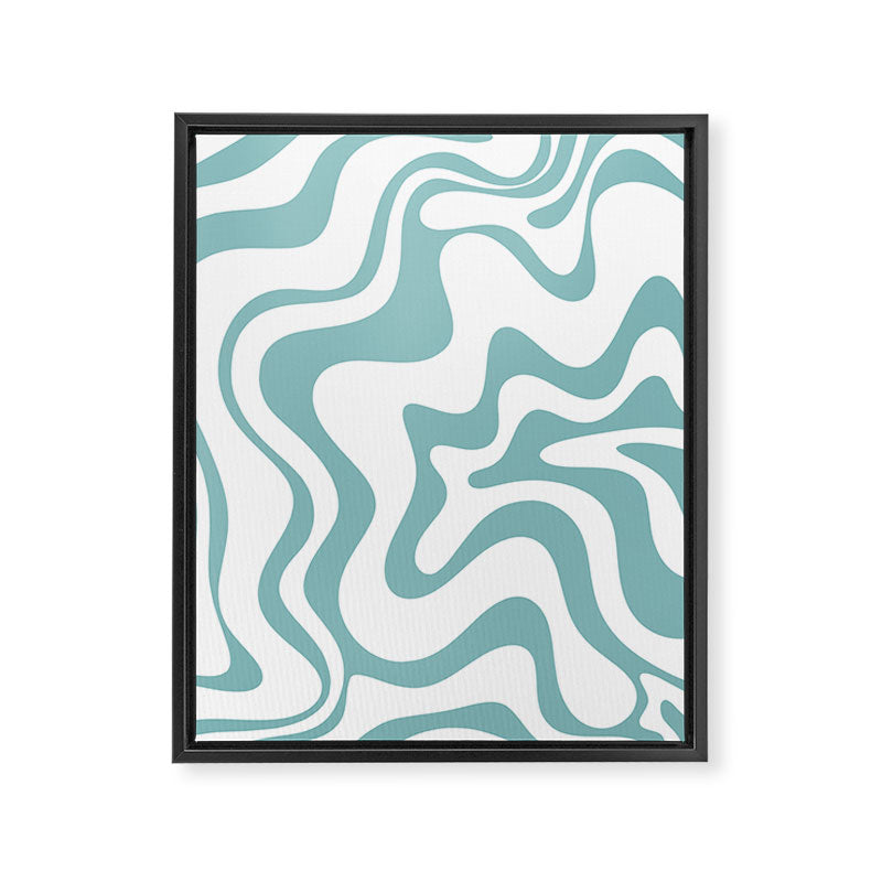 Retro Liquid Swirl Abstract Pattern in Soft Light Teal Blue and White Framed Canvas Print Gallery Image 6