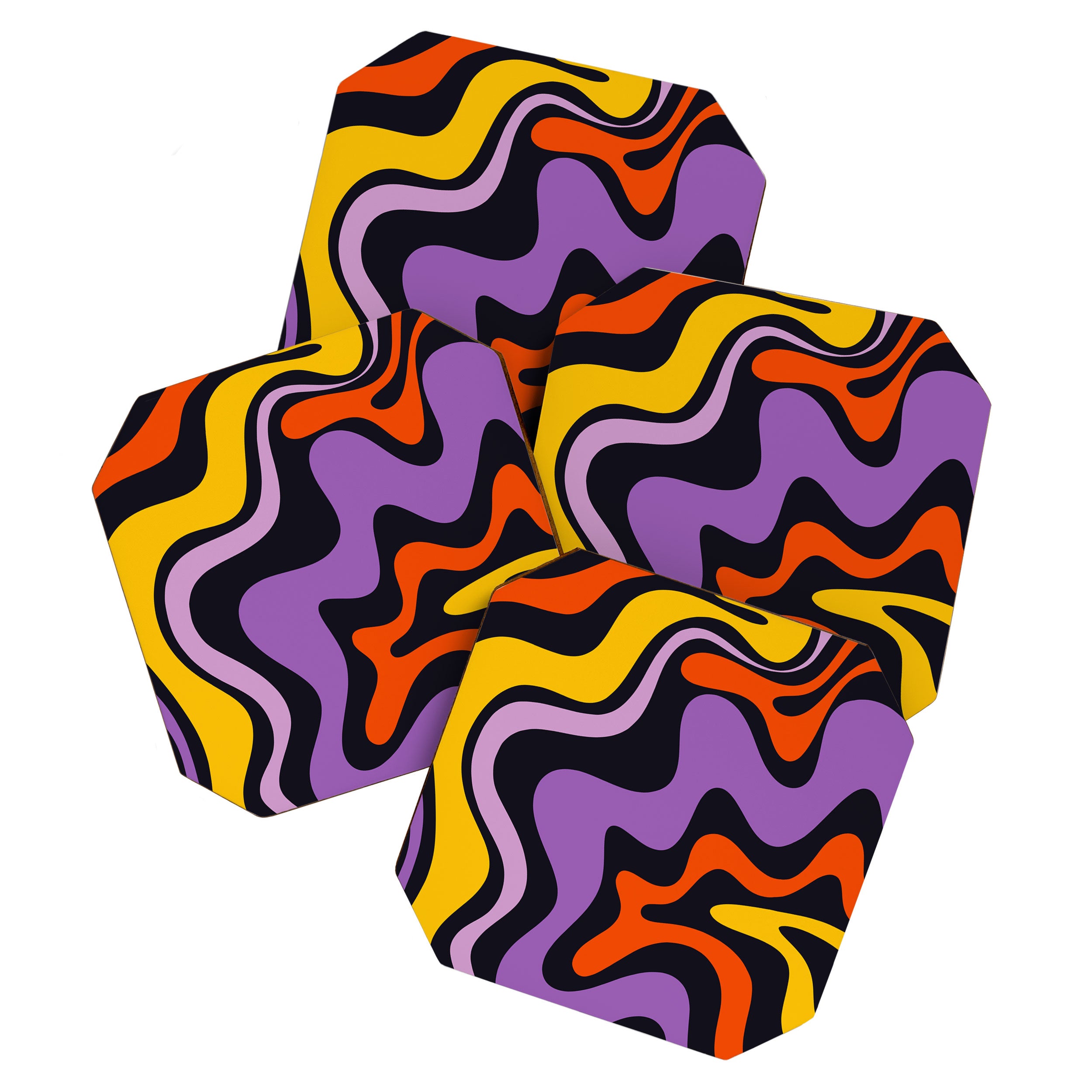 Retro Liquid Swirl Abstract Pattern in Trippy Black Purple Orange Yellow Coaster Gallery Image 1
