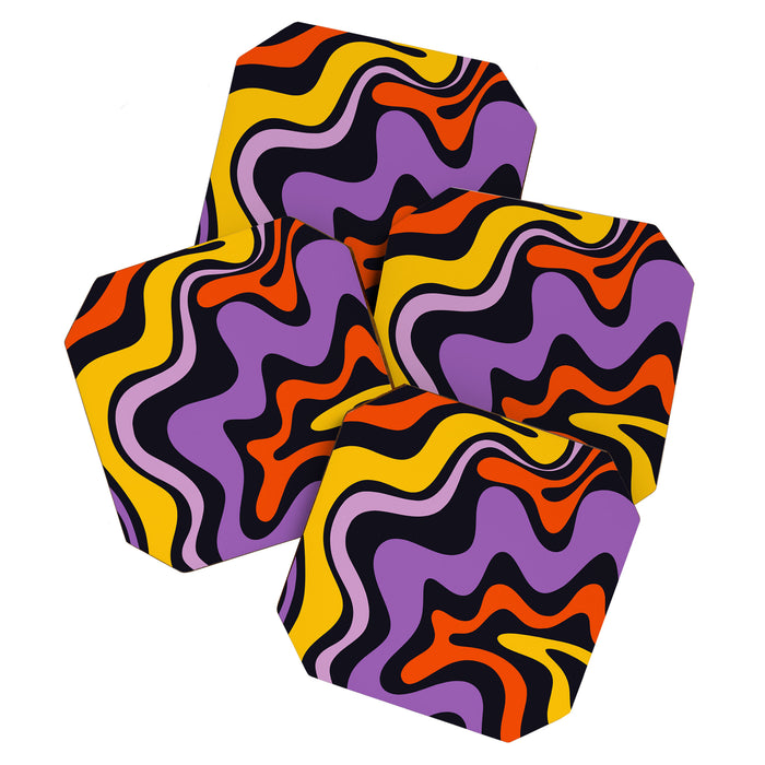 Retro Liquid Swirl Abstract Pattern in Trippy Black Purple Orange Yellow Coaster Gallery Image 1