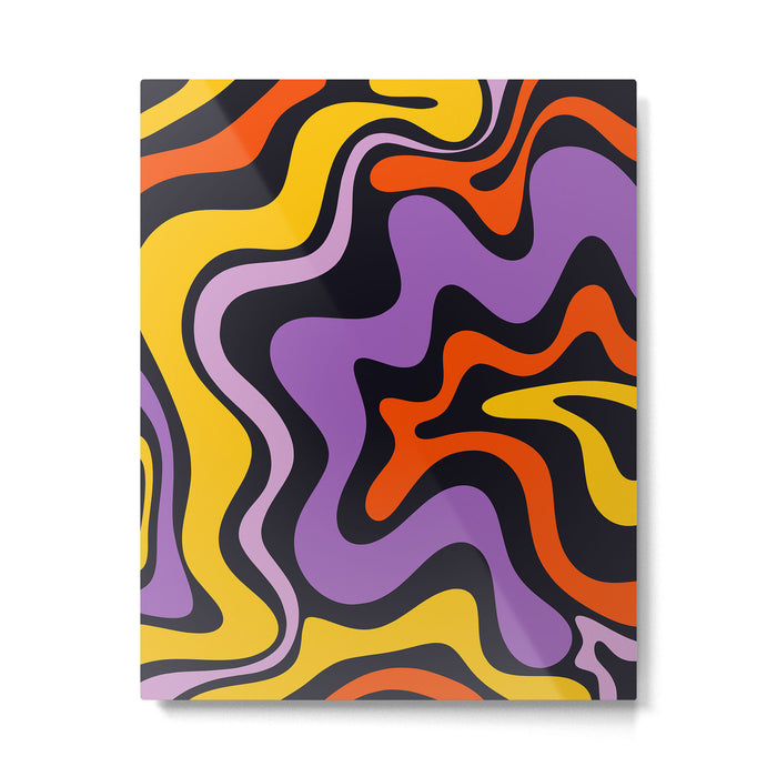 Retro Liquid Swirl Abstract Pattern in Trippy Black Purple Orange Yellow Metal Print Gallery Image 1