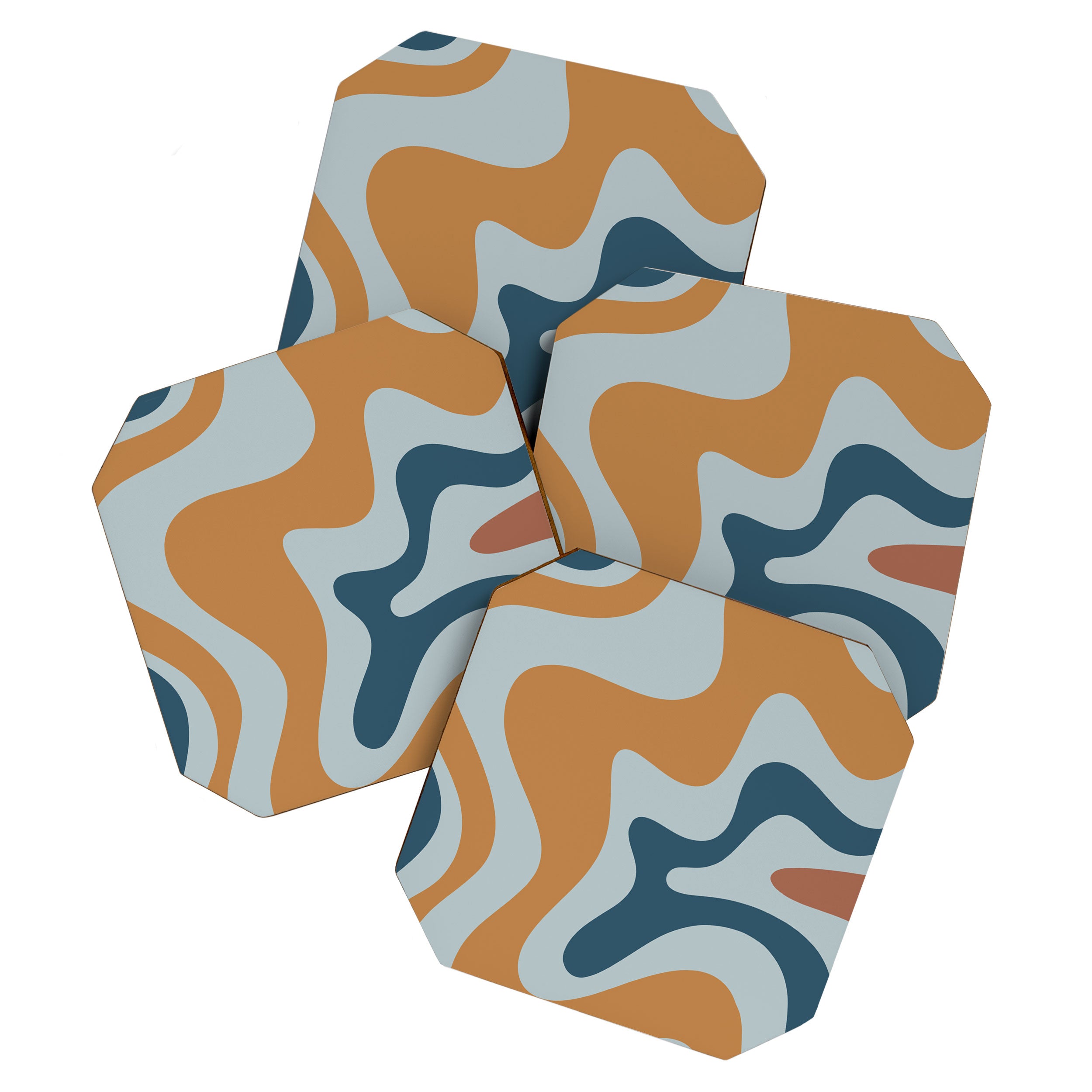 Retro Liquid Swirl Abstract Pattern Light Blue Ochre Rust  Coaster Gallery Image 1