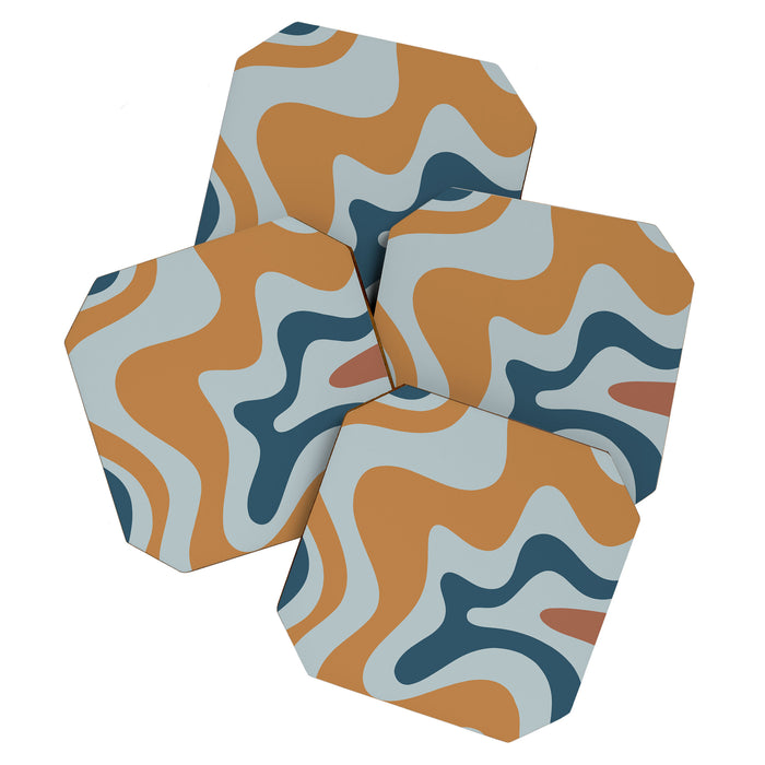 Retro Liquid Swirl Abstract Pattern Light Blue Ochre Rust  Coaster Gallery Image 1