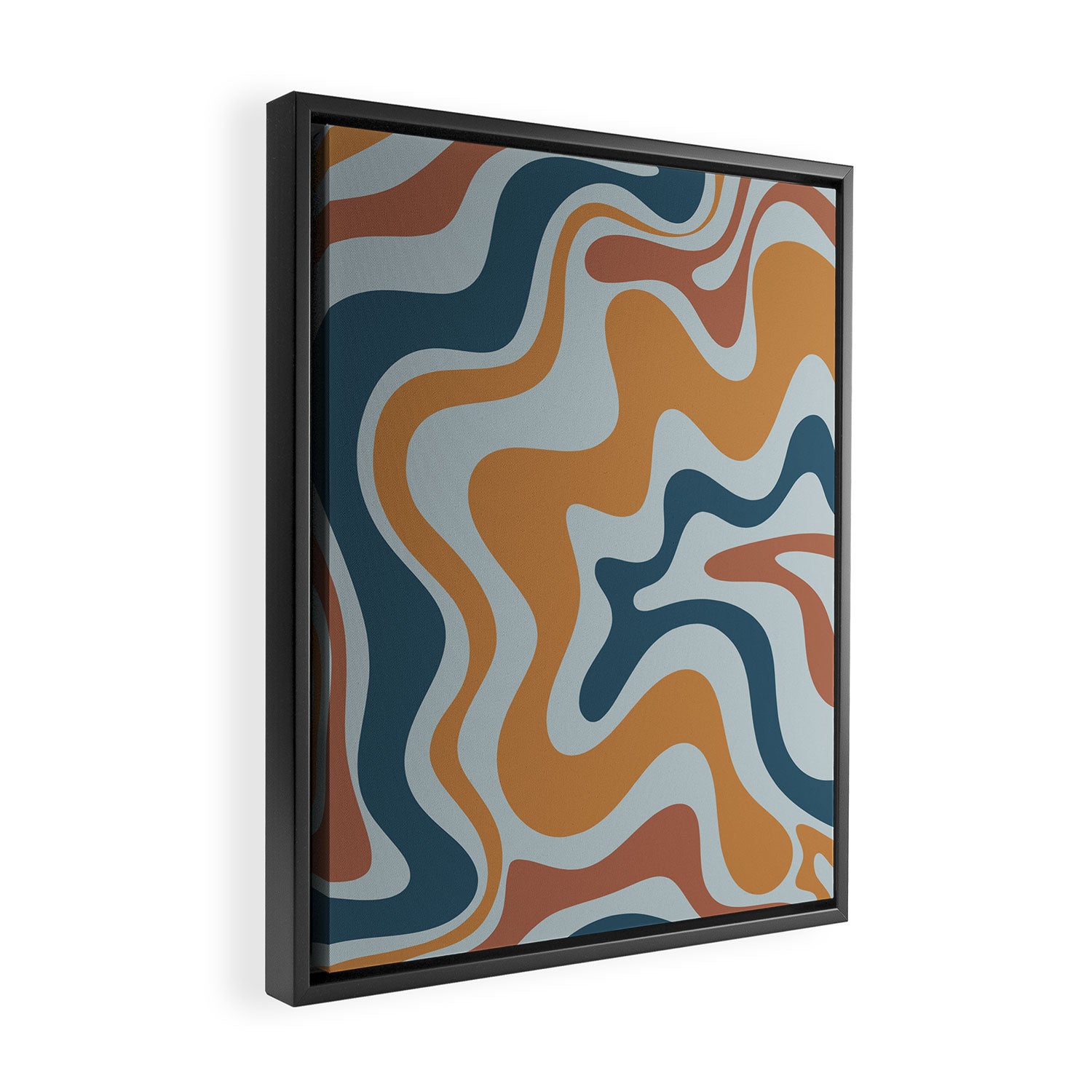 Retro Liquid Swirl Abstract Pattern Light Blue Ochre Rust  Framed Canvas Print Gallery Image 2
