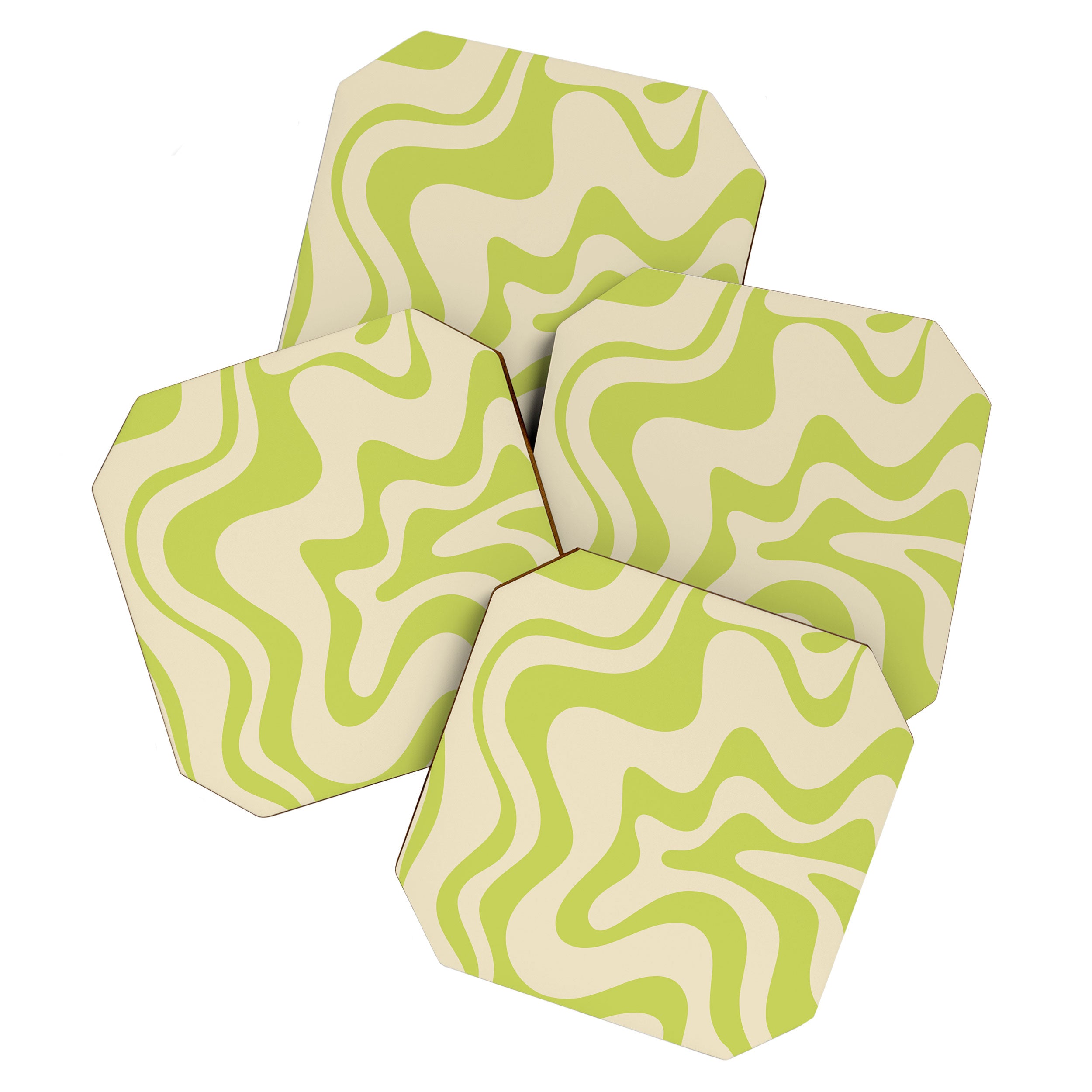 Retro Liquid Swirl Abstract Pattern Light Lime Linden Green and Beige Coaster Gallery Image 1