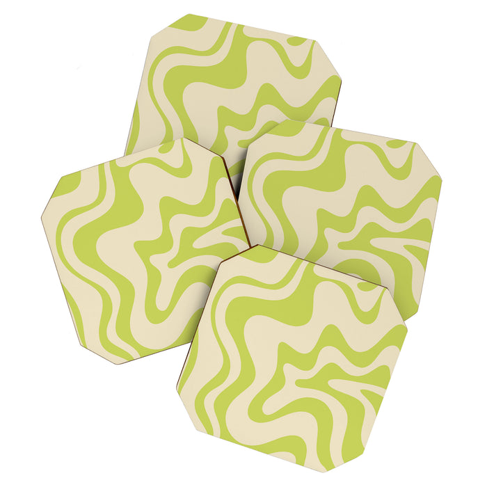 Retro Liquid Swirl Abstract Pattern Light Lime Linden Green and Beige Coaster Gallery Image 1