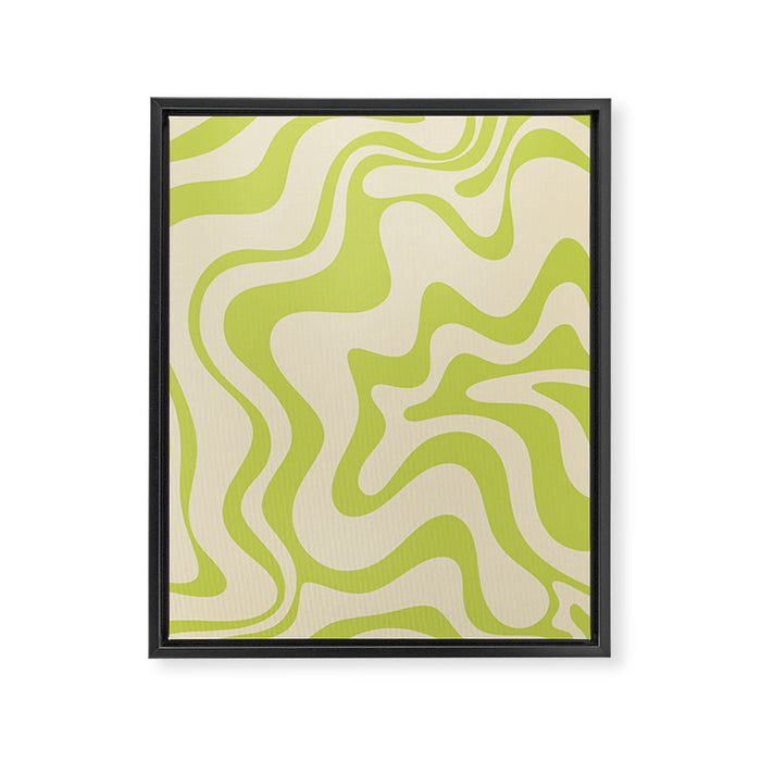 Retro Liquid Swirl Abstract Pattern Light Lime Linden Green and Beige Framed Canvas Print Gallery Image 1