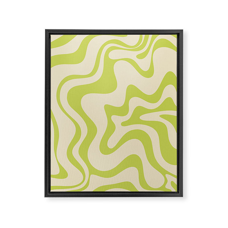 Retro Liquid Swirl Abstract Pattern Light Lime Linden Green and Beige Framed Canvas Print Gallery Image 6