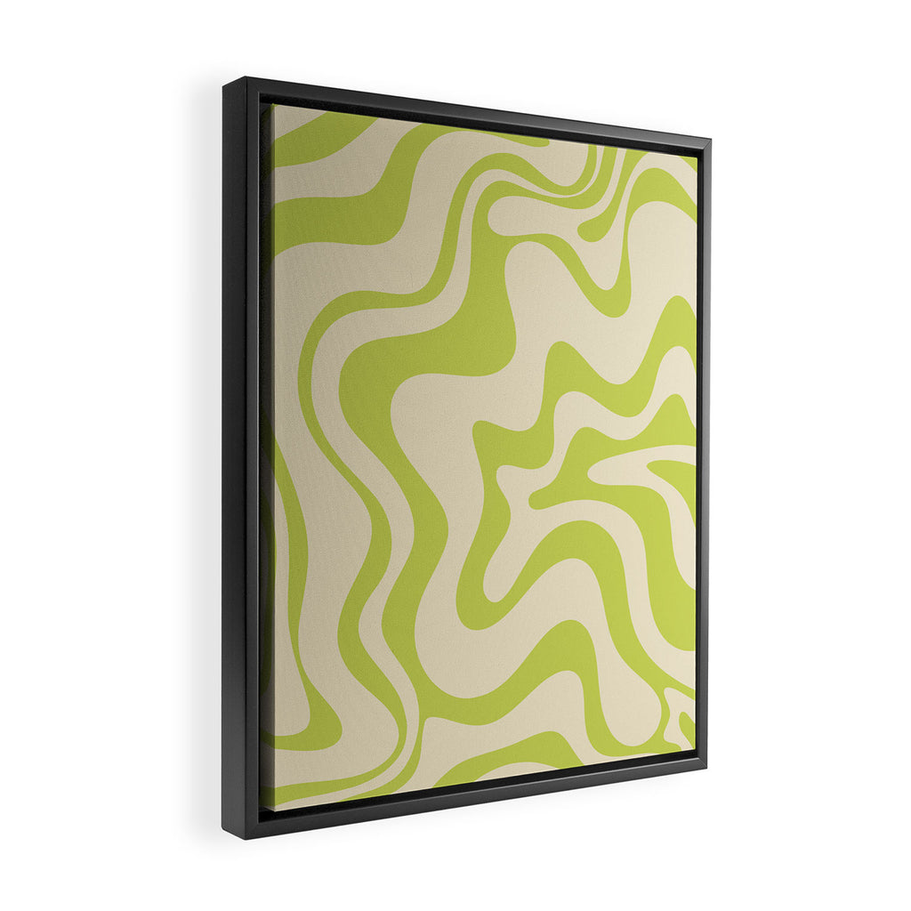 Retro Liquid Swirl Abstract Pattern Light Lime Linden Green and Beige Framed Canvas Print Gallery Image 2