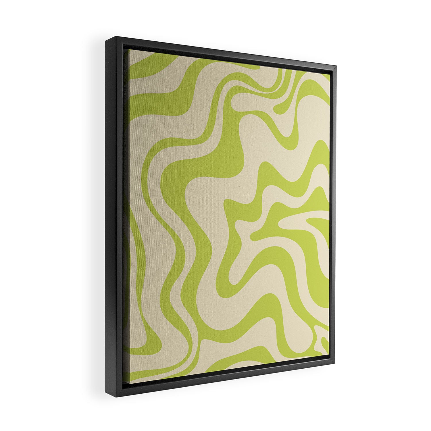 Retro Liquid Swirl Abstract Pattern Light Lime Linden Green and Beige Framed Canvas Print Gallery Image 2