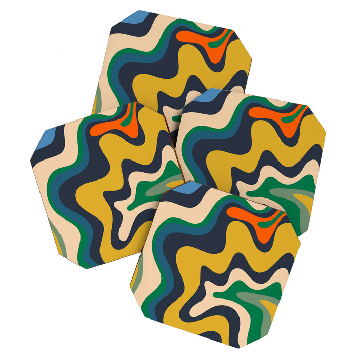 Retro Liquid Swirl Abstract Pattern Mustard Blue Green Beige Orange Coaster Gallery Image 1