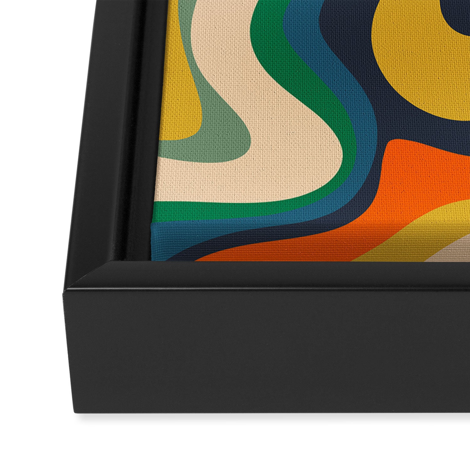 Retro Liquid Swirl Abstract Pattern Mustard Blue Green Beige Orange Framed Canvas Print Gallery Image 3