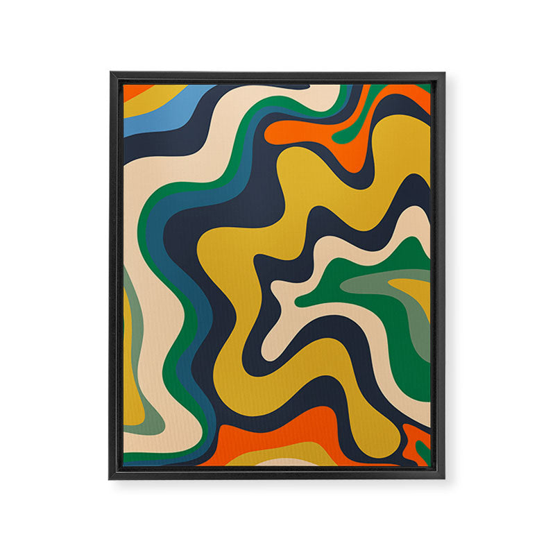 Retro Liquid Swirl Abstract Pattern Mustard Blue Green Beige Orange Framed Canvas Print Gallery Image 6