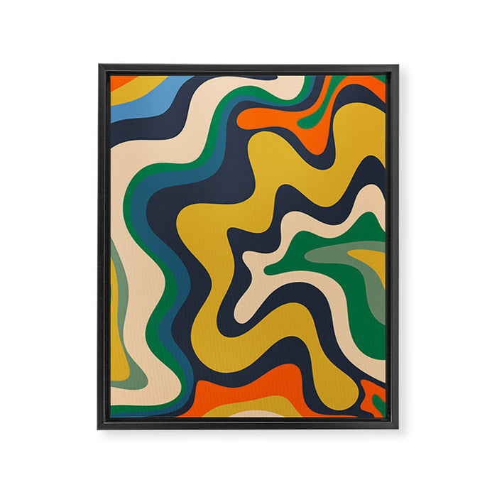 Retro Liquid Swirl Abstract Pattern Mustard Blue Green Beige Orange Framed Canvas Print Gallery Image 1