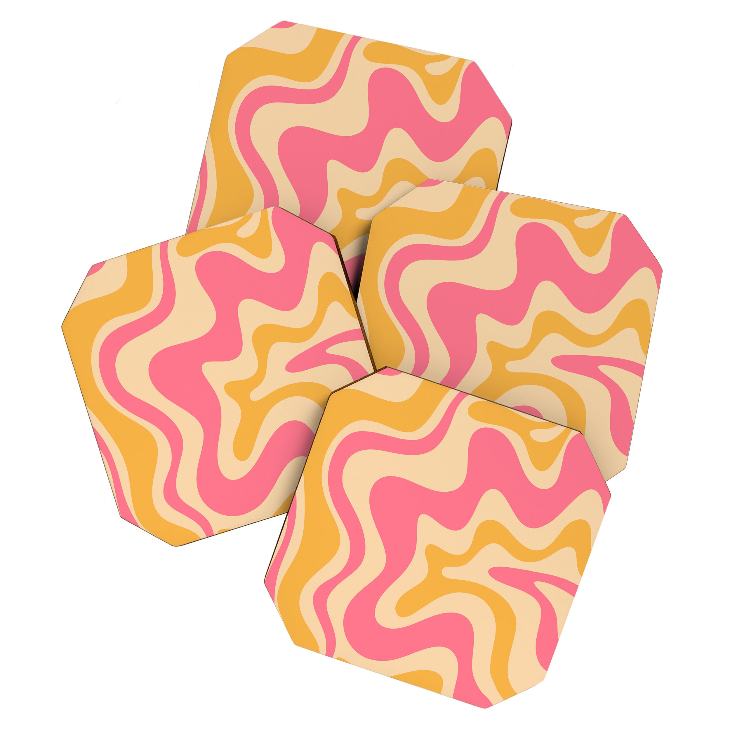 Retro Liquid Swirl Abstract Pattern Pink and Mustard Coaster Gallery Image 1
