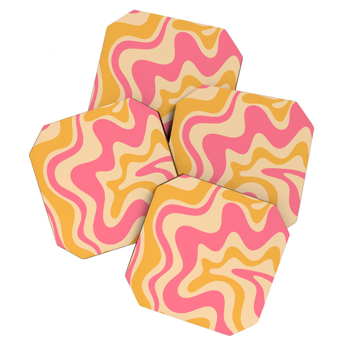 Retro Liquid Swirl Abstract Pattern Pink and Mustard Coaster Gallery Image 1