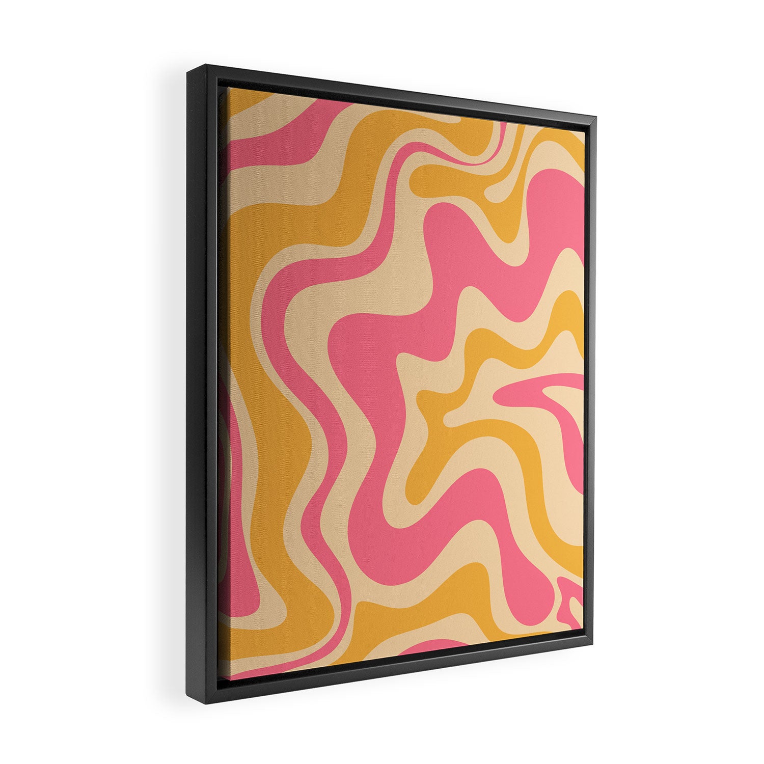 Retro Liquid Swirl Abstract Pattern Pink and Mustard Framed Canvas Print Gallery Image 2