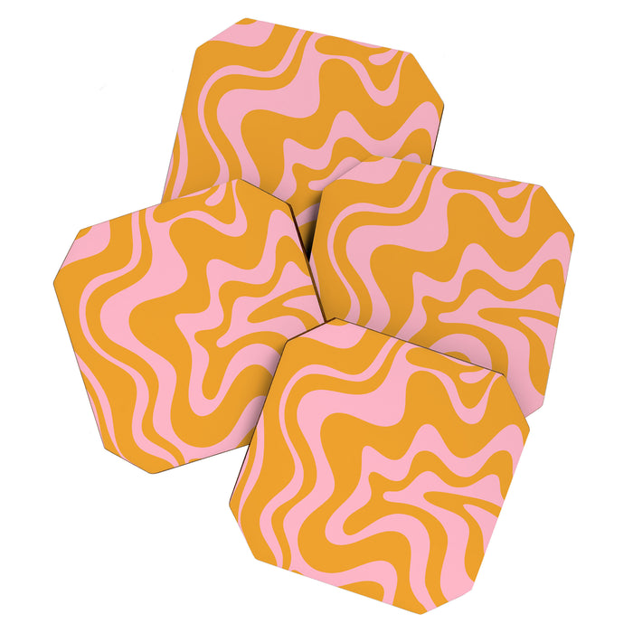 Retro Liquid Swirl Abstract Pattern Pink and Mustard Marigold Coaster Gallery Image 1