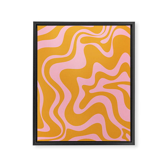 Retro Liquid Swirl Abstract Pattern Pink and Mustard Marigold Framed Canvas Print Gallery Image 1