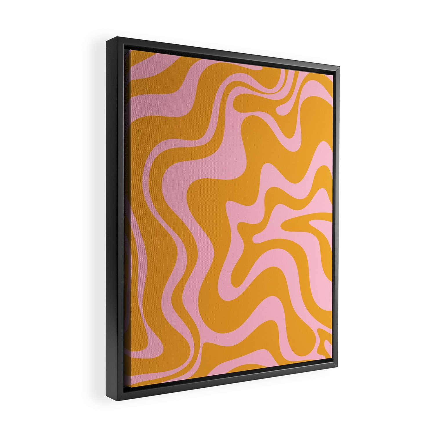 Retro Liquid Swirl Abstract Pattern Pink and Mustard Marigold Framed Canvas Print Gallery Image 2