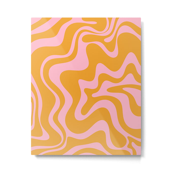 Retro Liquid Swirl Abstract Pattern Pink and Mustard Marigold Metal Print Gallery Image 1