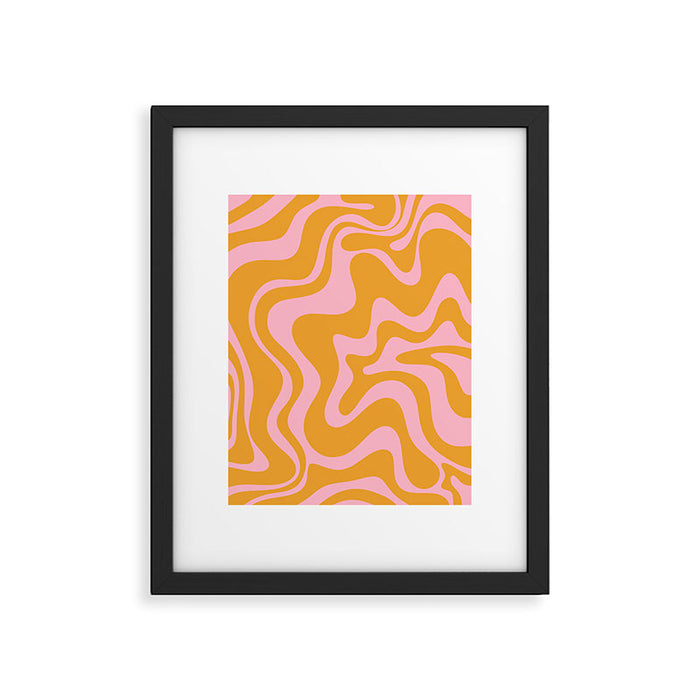 Retro Liquid Swirl Abstract Pattern Pink and Mustard Marigold Framed Art Print Gallery Image 1