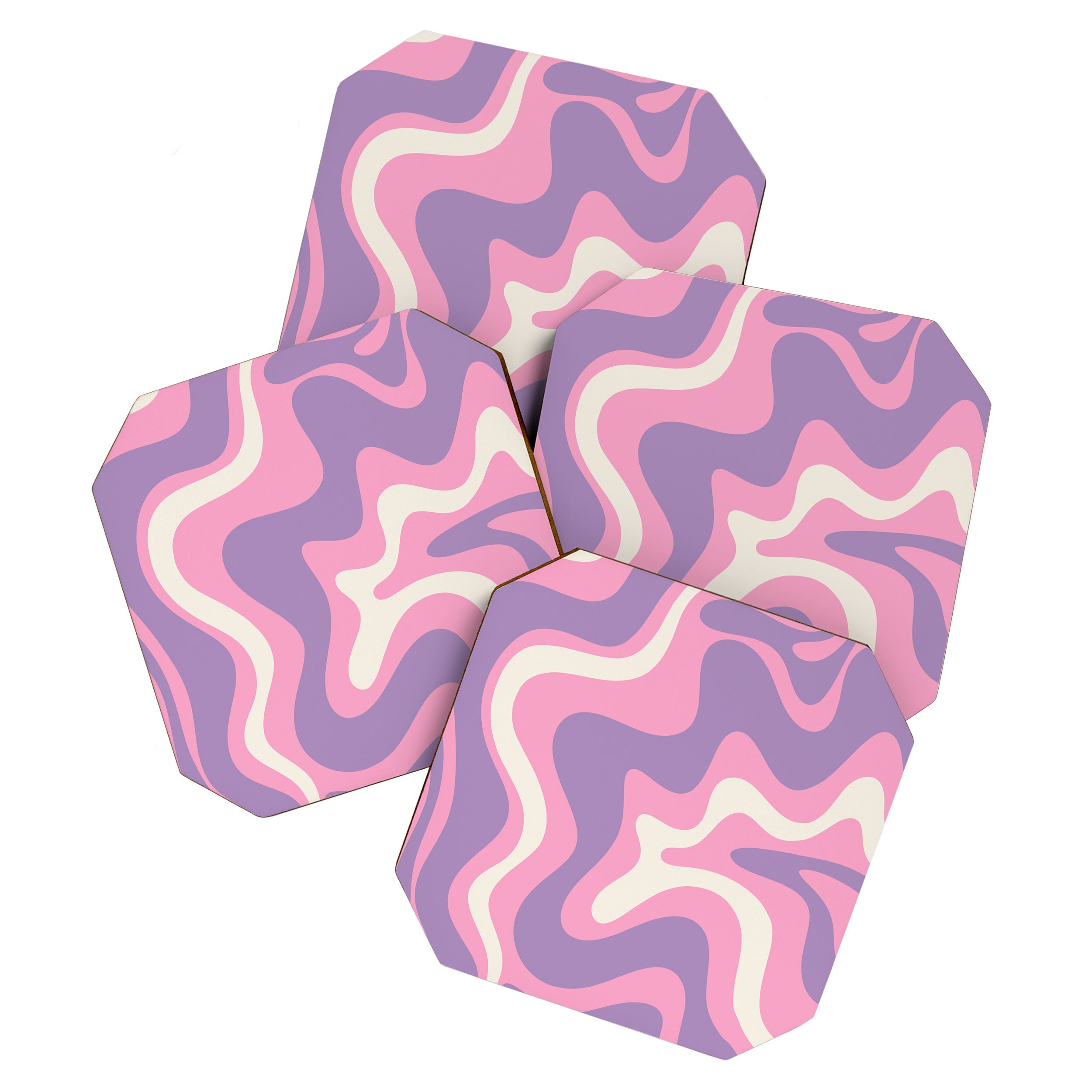 Retro Liquid Swirl Abstract Pattern Pink Purple Cream Coaster Gallery Image 1