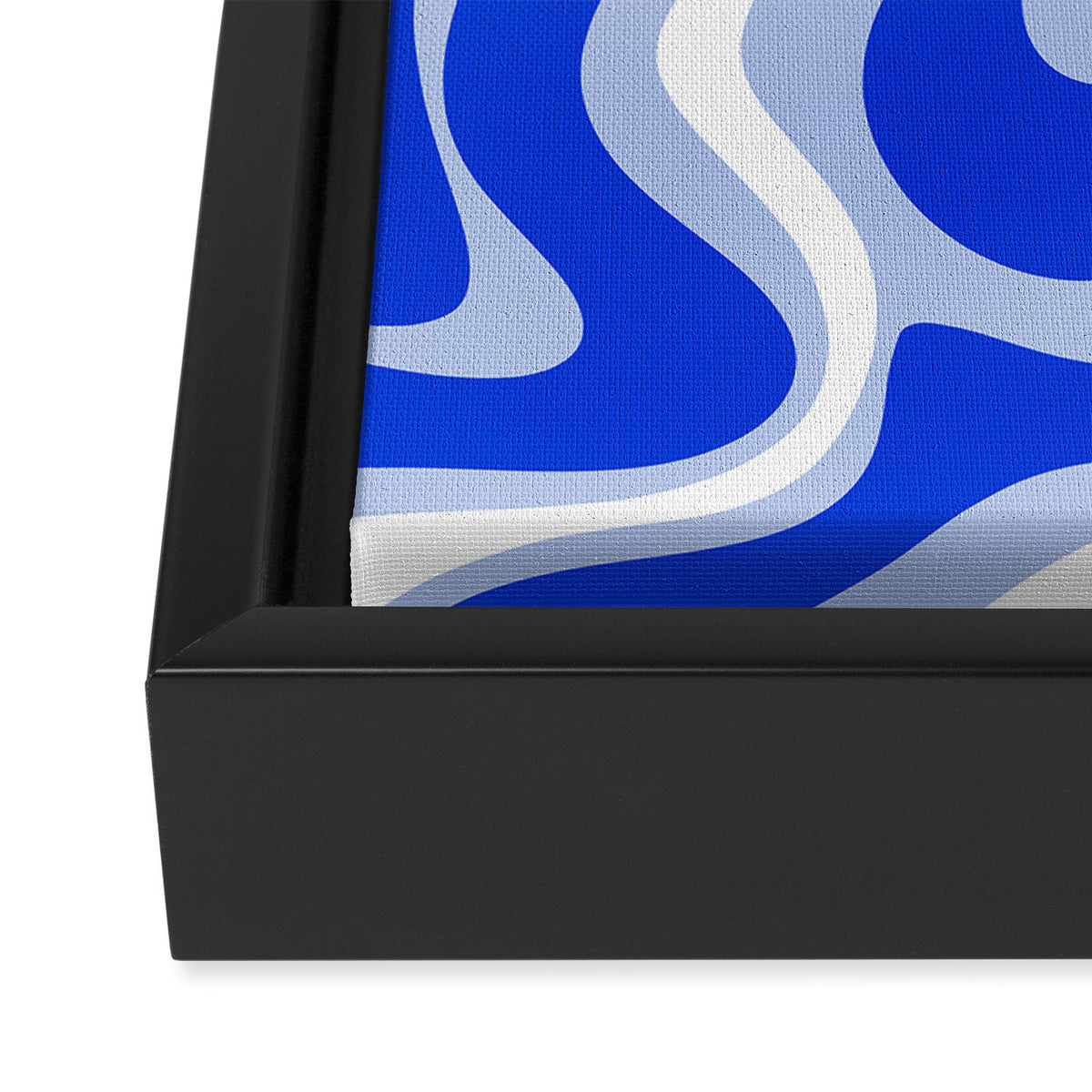 Retro Liquid Swirl Abstract Pattern Royal Blue, Light Blue, and White  Framed Canvas Print Gallery Image 3