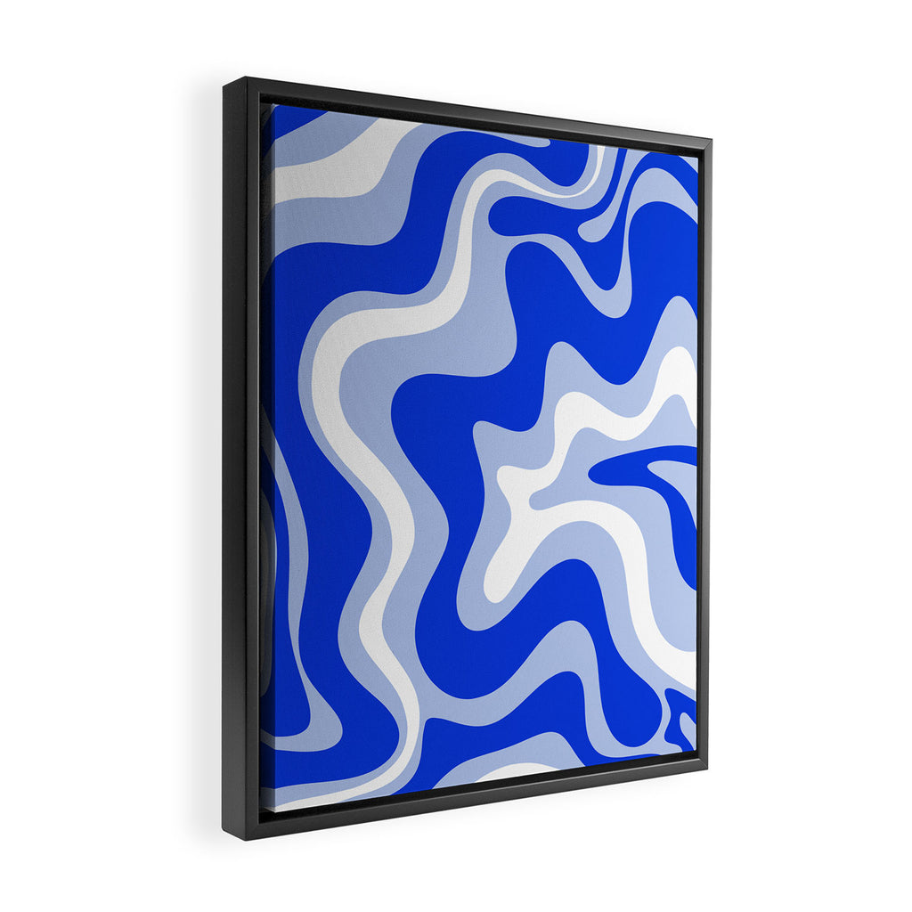 Retro Liquid Swirl Abstract Pattern Royal Blue, Light Blue, and White  Framed Canvas Print Gallery Image 2